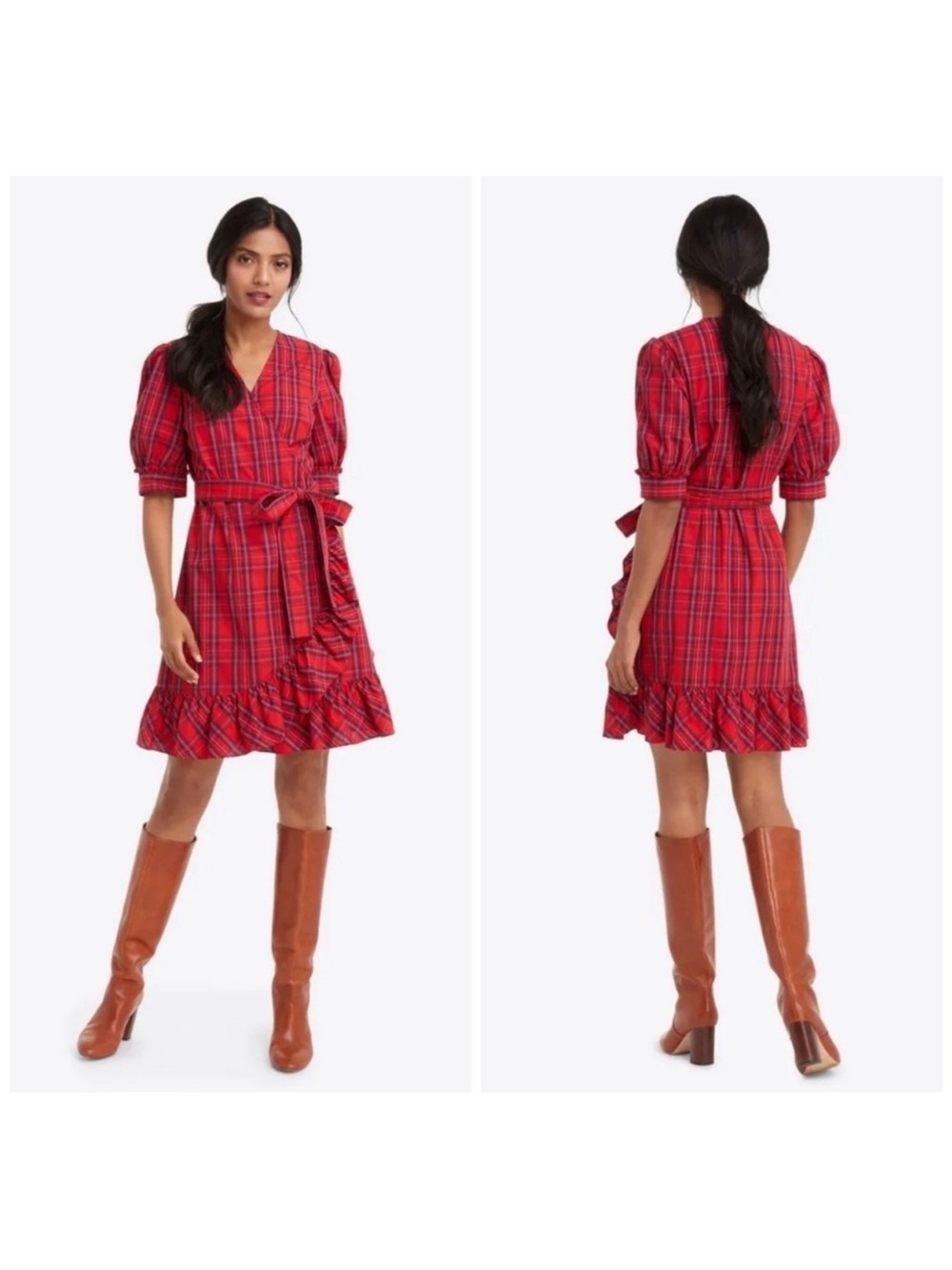 Draper James Red Plaid Wrap Dress Ruffle Trim